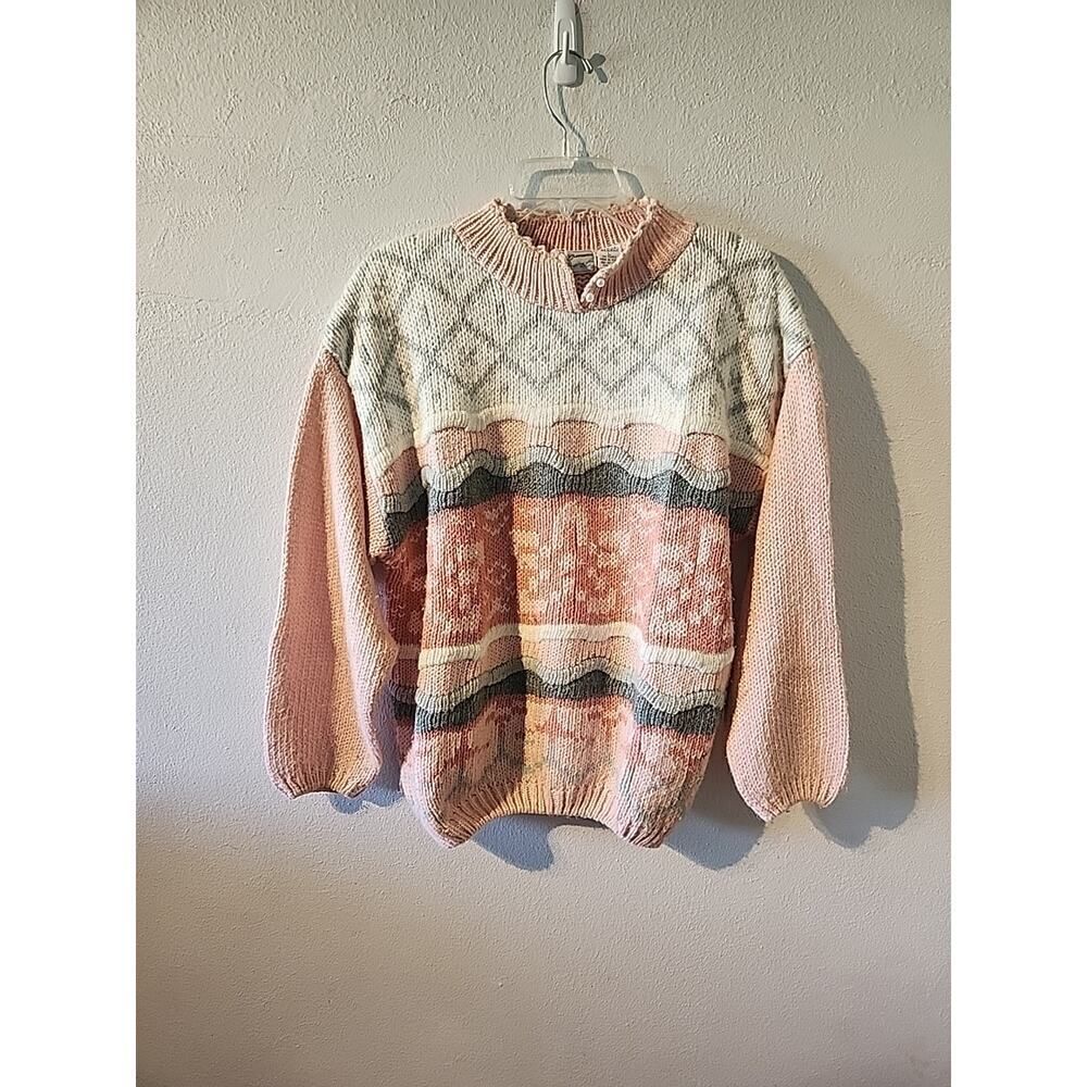 Vintage Maggie Lawrence Sweater 80s 90s Pink Knit Flower Sweater Large